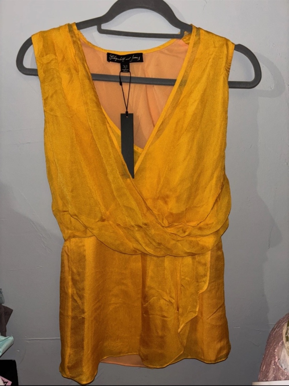 Elizabeth and James Mustard Yellow V-Neck Satin Top 100% silk
